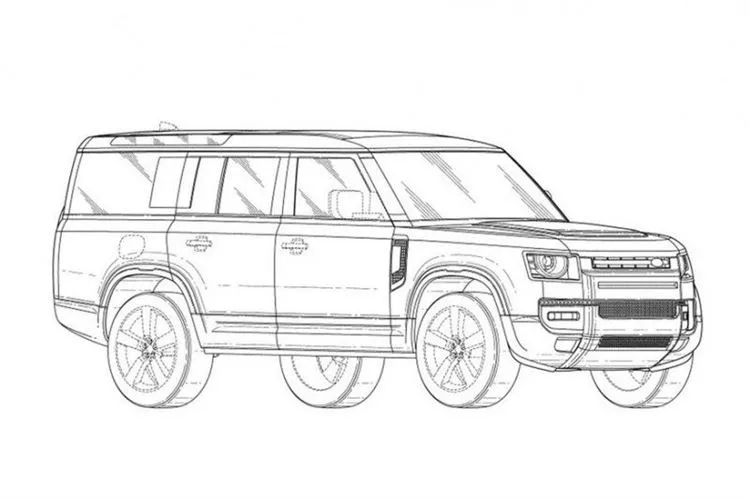 Land Rover Defender 130 mostrado en imágenes de patente: 8 asientos y distancia entre ejes como 110