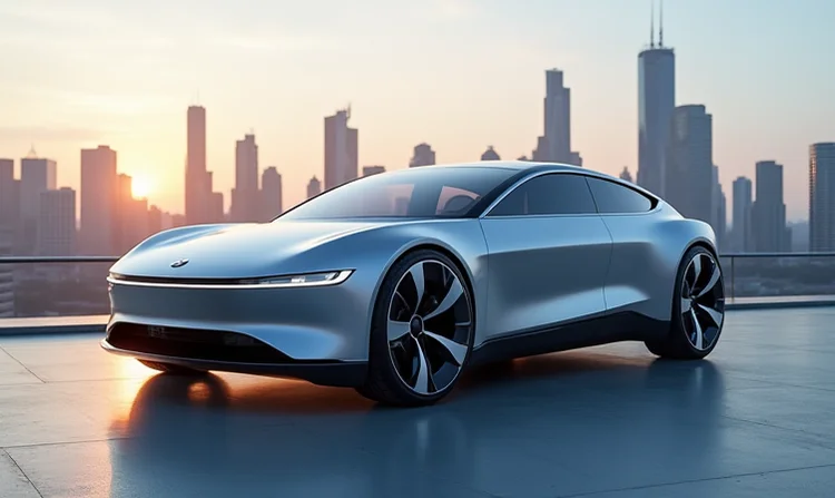 Innovatives Elektroauto vor dem Hintergrund einer Stadtlandschaft