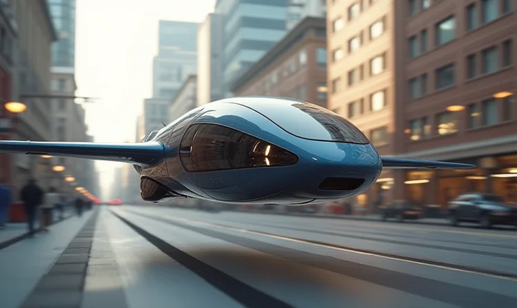 Bild eines fliegenden Autos in einer städtischen Umgebung