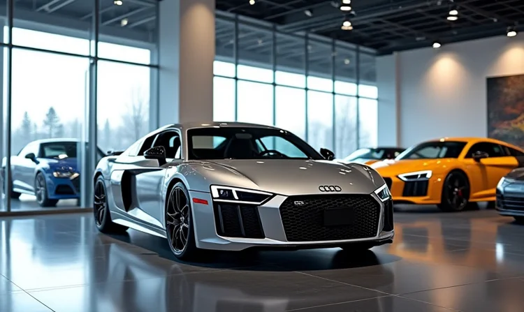 Audi-Showroom mit verschiedenen Modellen, darunter der Audi R8