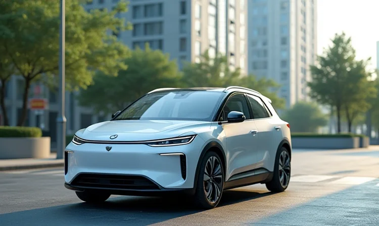 Chinesisches Elektroauto vor dem Hintergrund der Stadt